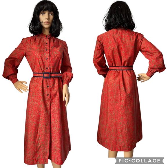 Vintage Dresses & Skirts - Vintage Schrader Sport New York red Mandarin collar belted dress medium